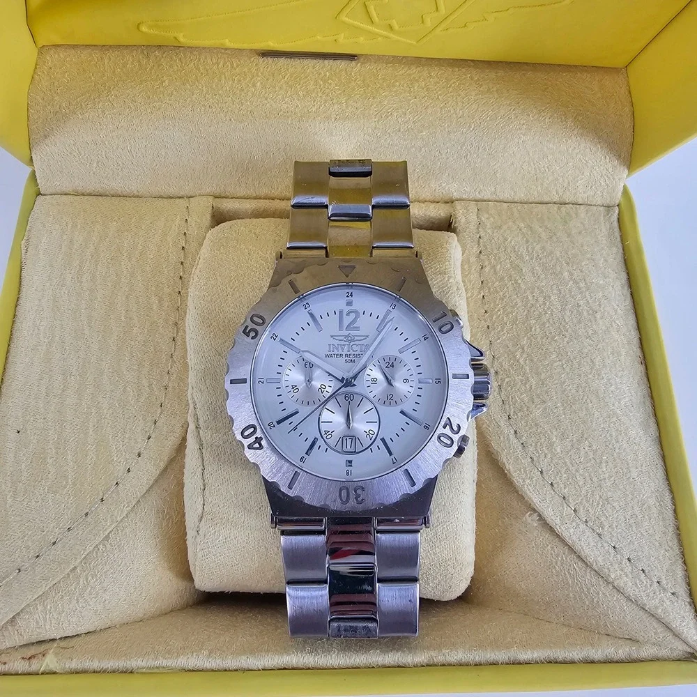 Invicta Watch Mens Silver 1265 Chronograph Stainless Steel White Dial Sport